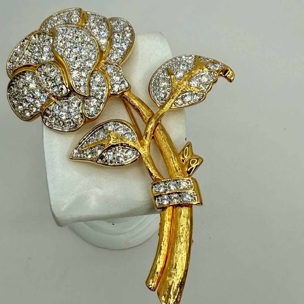 Vintage Nolan Miller GLAMOUR Collection Pave Rhinestone Gold Rose Brooch 1990s